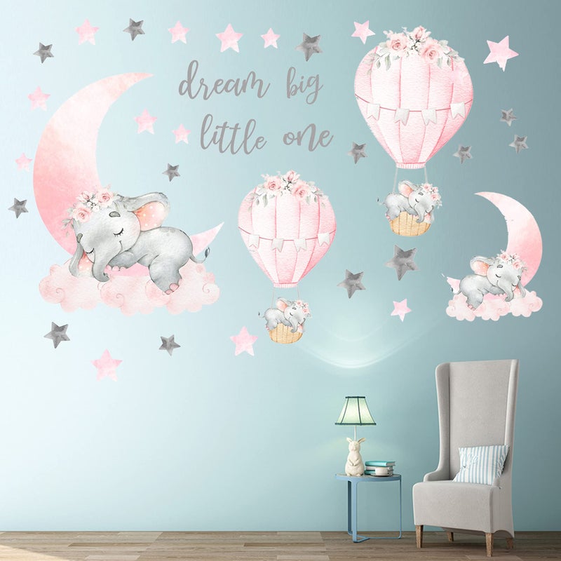 WEWINLE Dream Big Little One Elephant Wall Stickers, Pink Moon Hot Air Balloon Grey Stars Wall Decals for Nursery Kids Room Living Room Bedroom Decorations Home Decor - Image 3